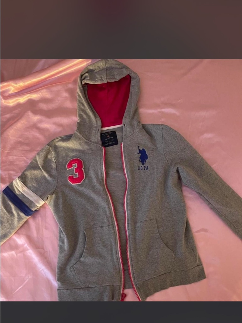 U.S. Polo Assn. Gray Zip Hoodie with Pink Hood Lining and Blue Logo